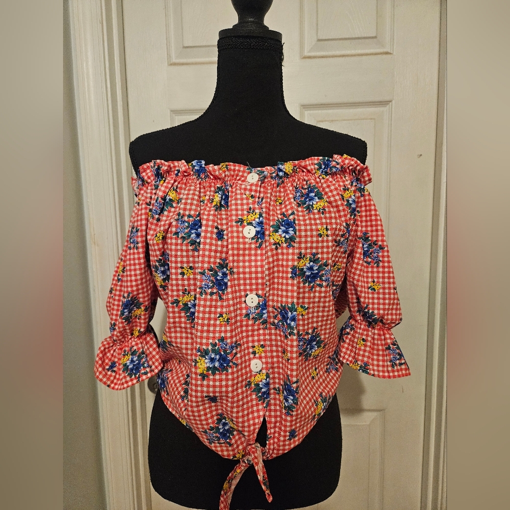 Red Gingham Floral Off-Shoulder Top